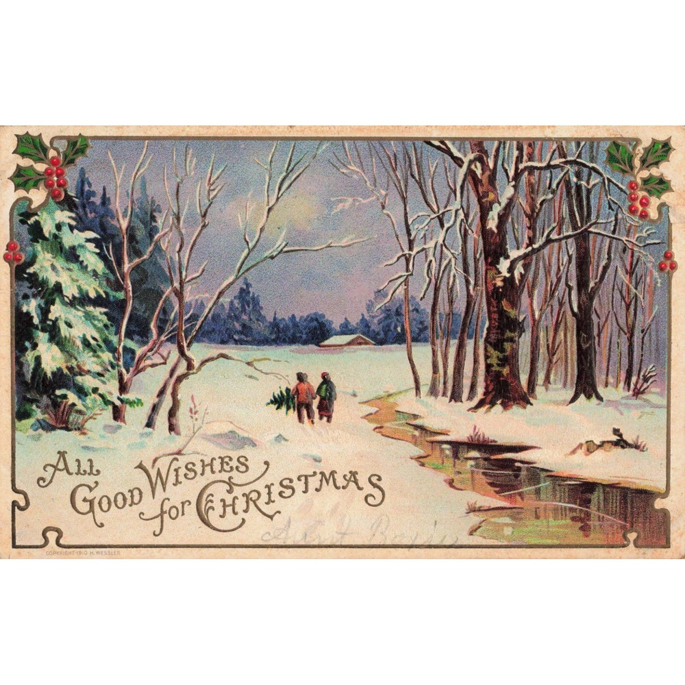 Vintage 1910 H Wessler Christmas Postcard Embossed Winter Scene Union NY Stamp - Picture 1 of 2